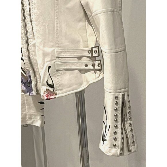 Faux Vegan Leather White Floral Embroidered Studded Zip Biker Moto Jacket - Picture 10 of 14